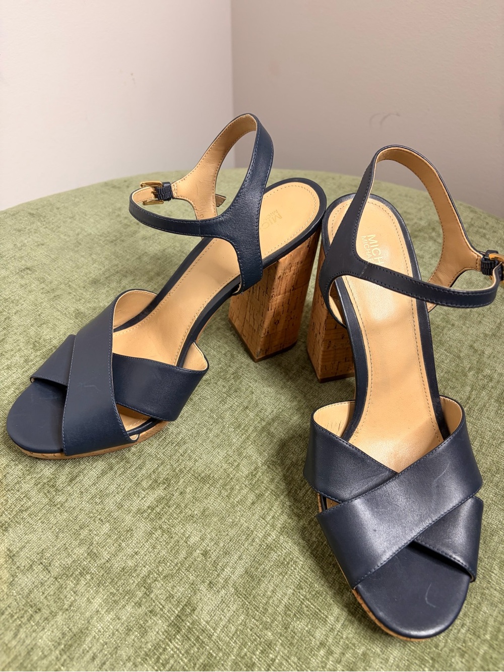 Michael Kors Navy Leather Cork Block Heel Sandals